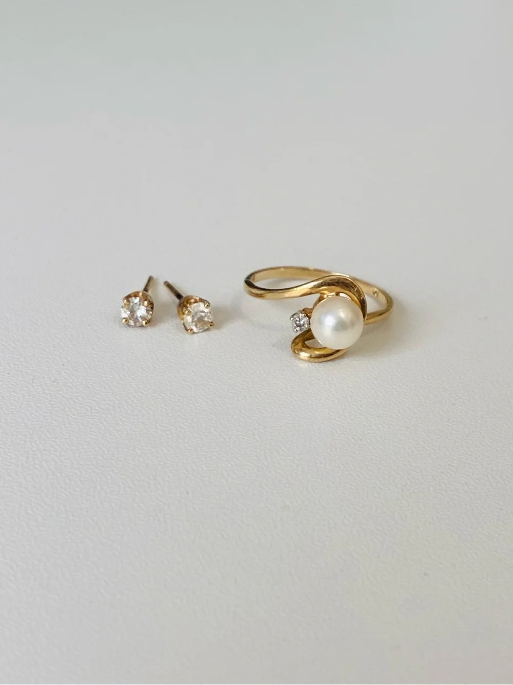 14K Plumb Gold Diamond Pearl Ring And 14K Gold Diamond Earrings, Vintage